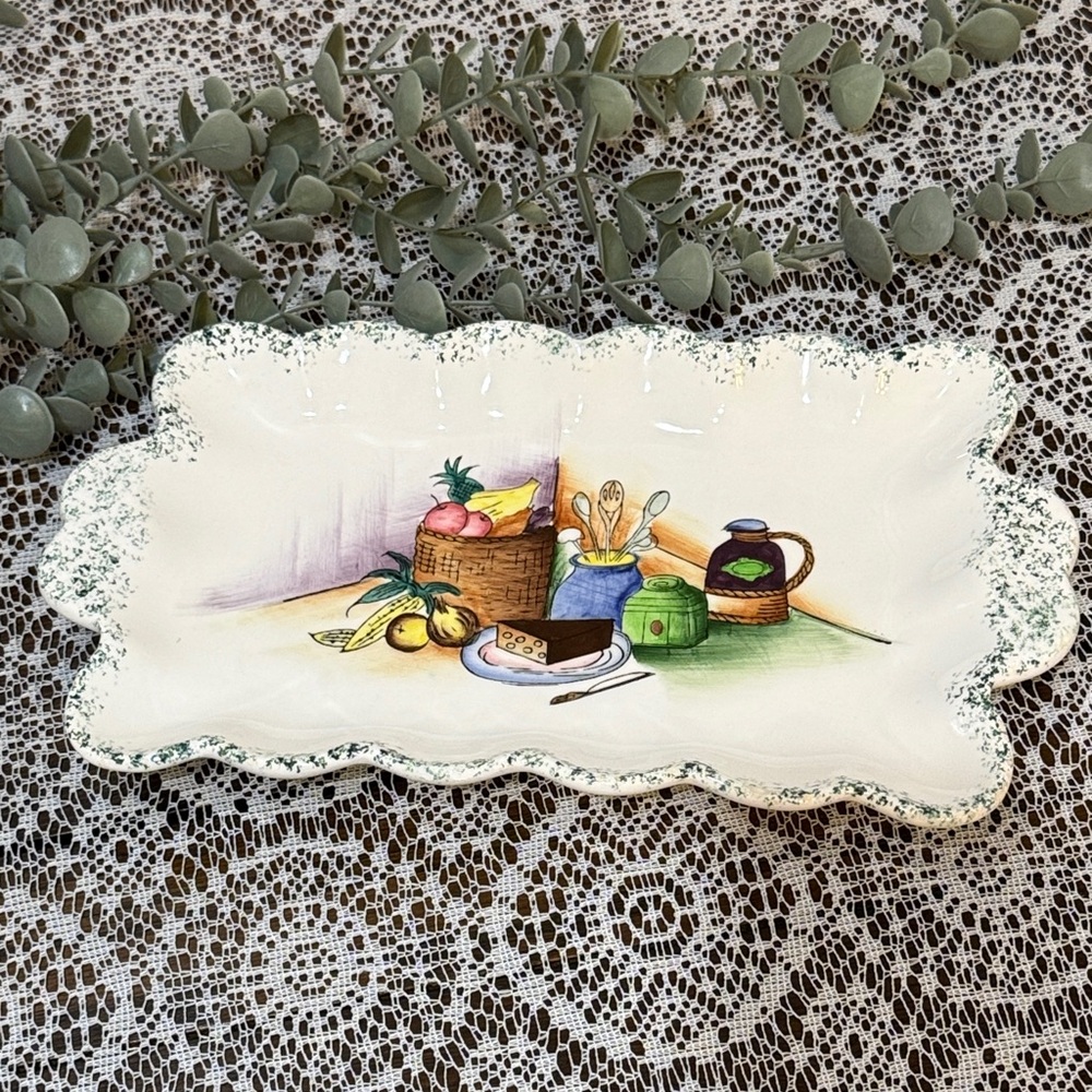 Vintage Ceramic Serving Relish Dish Platter Painted Old Kitchen Scene Japan